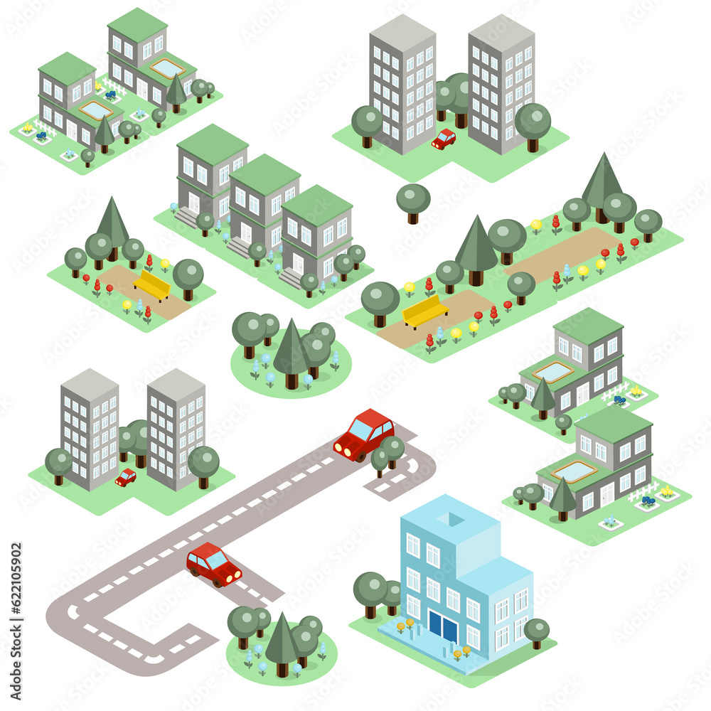 Set of the isometric city buildings, shops and other elements
