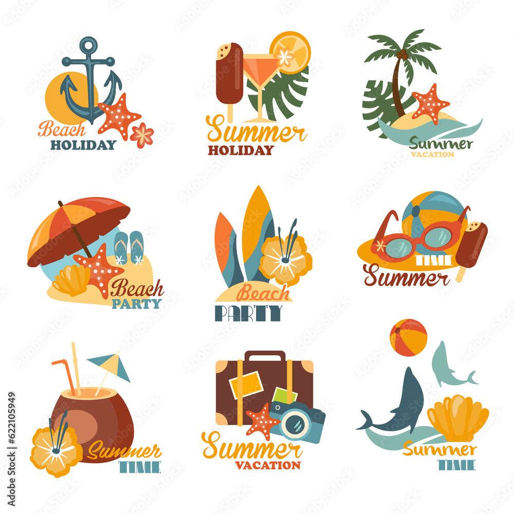 Beach And Summer Labels Set Isolated On White Background - Illustration, Graphic Design Editable For