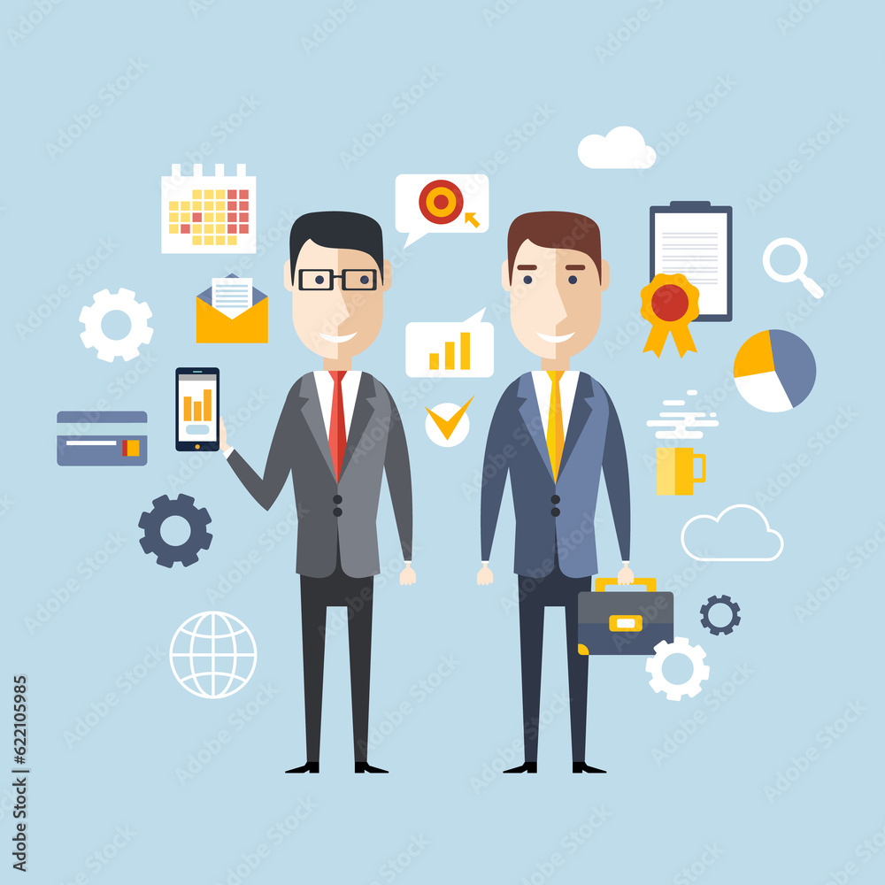 illustration concept of successful partnership, business people cooperation agreement, teamwork solution of two businessman illustration concept of successful partnership, business people cooperation agreement, teamwork solution of two businessman