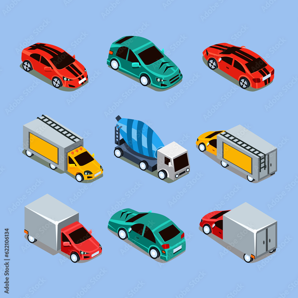 Flat 3d isometric high quality city transport icon set. Car van bus helicopter bicycle scooter motorbike and riders. Build your own world web infographic collection.