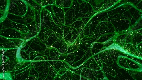 Photography Green energy particles in abstract futuristic microbial kelp cluster