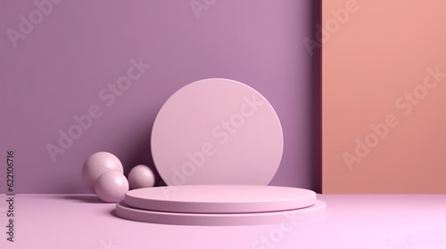 Round podium on light purple and orange background. Lavender and lilac colors, monochromatic product pedestal, Generative AI.