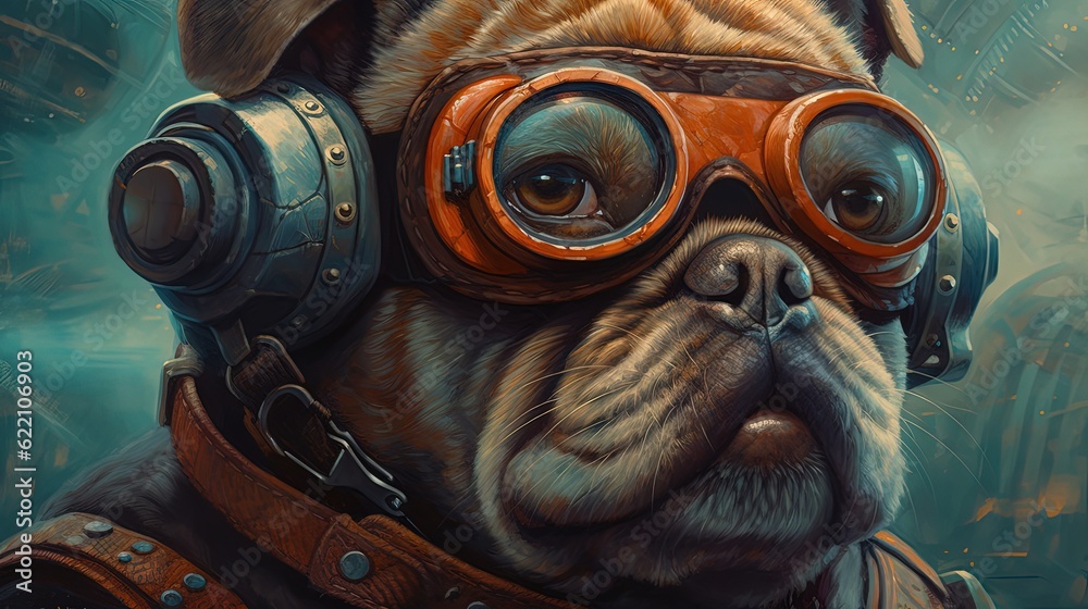Pug dog wearing goggles. Generative AI