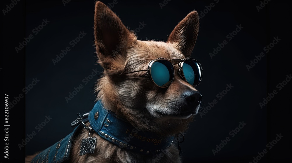 Obraz premium Punk dog wearing sunglasses on black background. Generative AI
