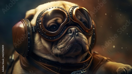 Pug dog wearing goggles. Generative AI