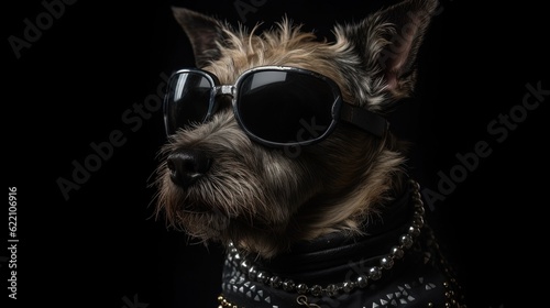 Punk dog wearing sunglasses on black background. Generative AI