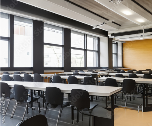 wide angle view of a modern classroom, tables and chairs with led lighting
