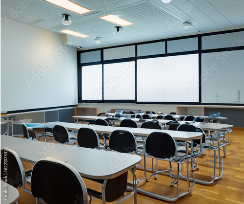 wide angle view of a modern classroom, tables and chairs with led lighting