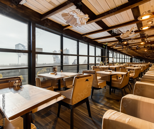 wide angle view of a modern restaurant, wooden design with morning light