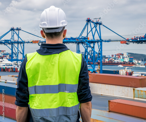 a wide and high angle view of sea port with many container, busy port
