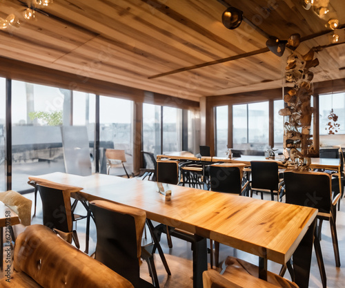 wide angle view of a modern restaurant, wooden design with morning light