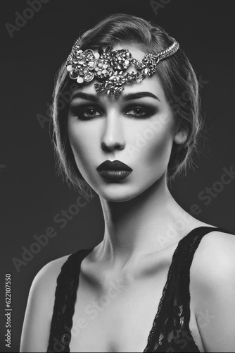 Beautiful young woman with smoky eyes and full red lips. Massive crystal hair accessory on head. Retro styling. Studio beauty shot. Copy space. Monochrome.