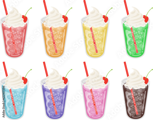 カップに入った、色んな味のクリームソーダのイラスト