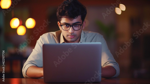 Very focused young Indian man distance learning on his laptop, Asian male entrepreneur studying his shares online, surfing the web, browsing the internet, online webinar training