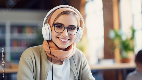 Smiling young woman wearing spectacles and headphones eLearning in a quite library environment, remote learning, distance education, listening to music, looking very pleased with herself
