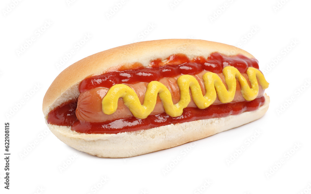 Delicious hot dog with mustard and ketchup on white background Delicious hot dog with mustard and ketchup on white background