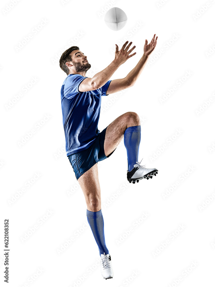 Fototapeta premium one caucasian rugby player man studio isolated on white background