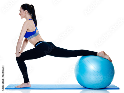 one caucasian woman exercising fitness pilates exercices isolated on white background