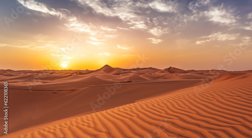 majestic dry desert with a beautiful sunset with the sun in the background in high resolution © Marco