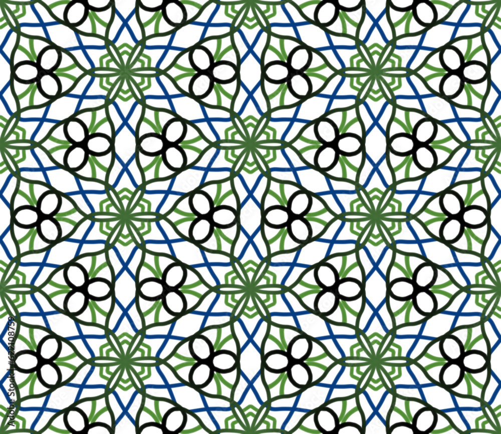 Blue, Green, Black Colors Seamless Pattern Geometric Ornament 