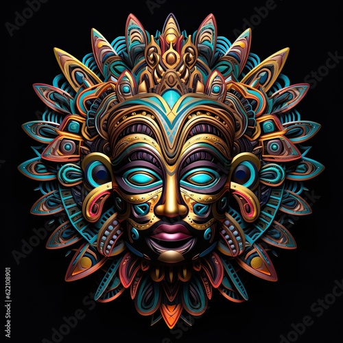 A colorful mask on a black background. Generative AI. © tilialucida
