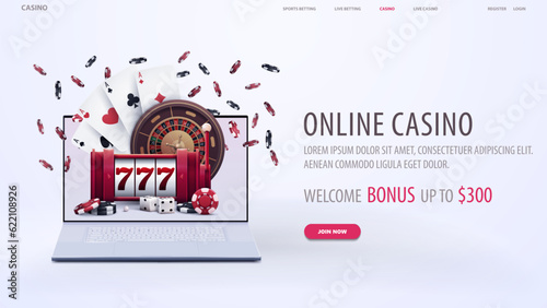 Online casino, white web banner with offer, laptop, slot machine, playing cards, roulette, dice and poker chips on white background