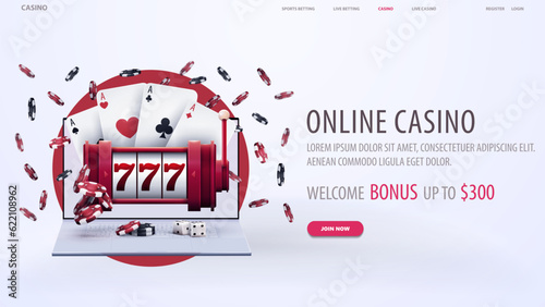 Online casino, white web banner with offer, laptop, slot machine, playing cards, dice and poker chips on background with red circle