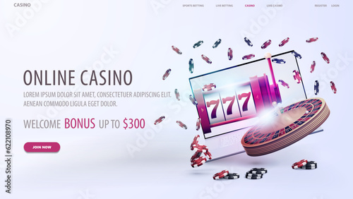 Online casino, white web banner with offer, laptop, slot machine, roulette and poker chips on white background