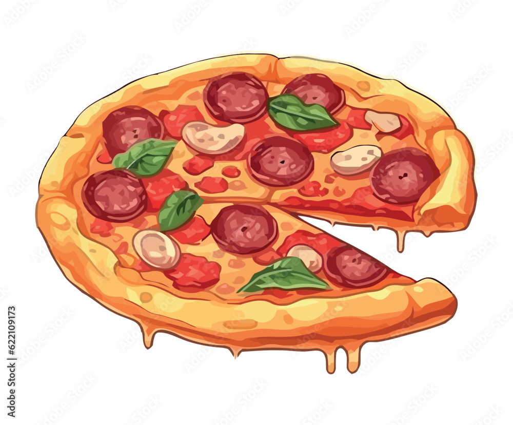 Freshly baked pizza with mozzarella and salami