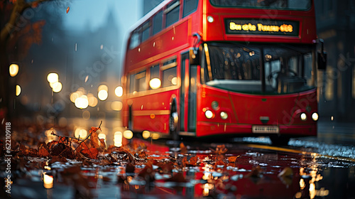A red double decker bus driving down a wet street. Generative AI.