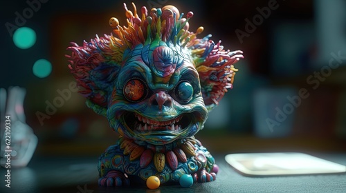 Scary colorful clown creature figurine. Generative AI