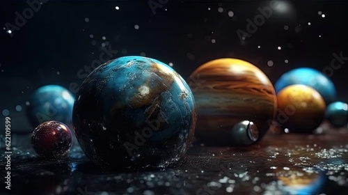 Colorful planets laying on the table. Generative AI