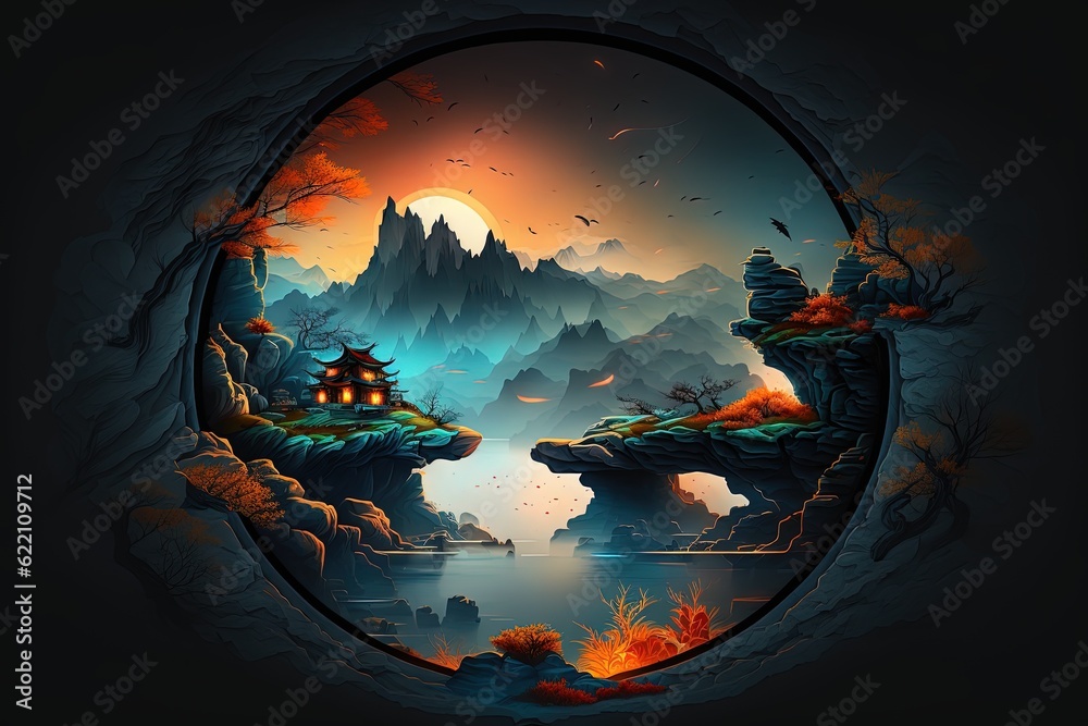 Fantasy landscape through round window. Generative AI