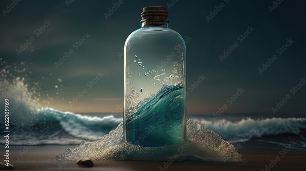 Stormy ocean in glass bottle. Generative AI Stormy ocean in glass bottle. Generative AI