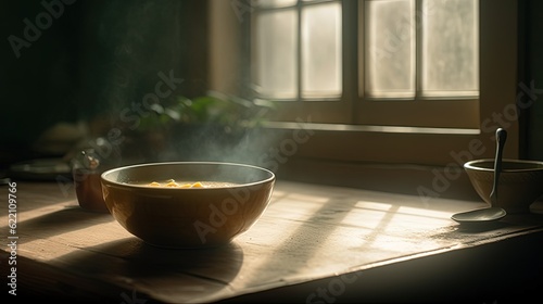 Bowl of soup on a table by the window. Generative AI