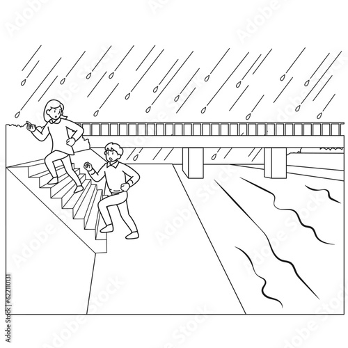 大雨のときに急いで河川から離れる人々