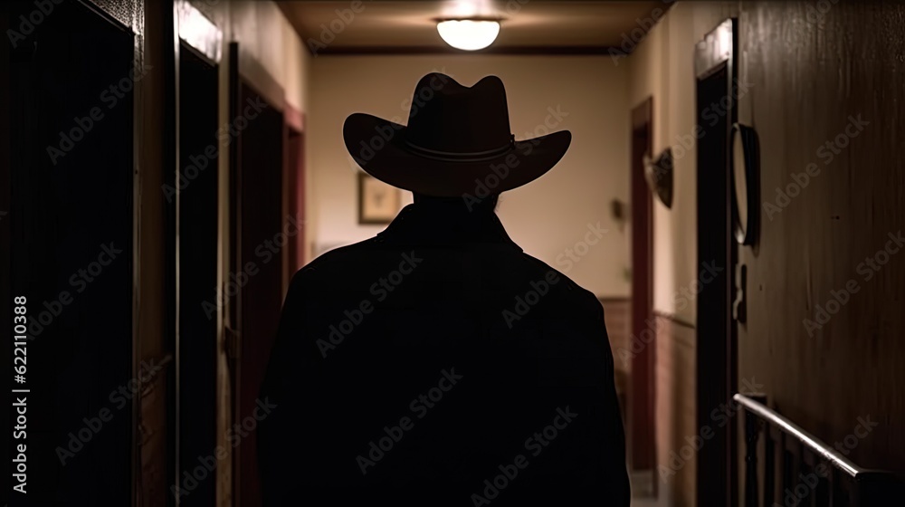 Silhouette of a man wearing cowboy hat in a corridor. Generative AI