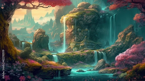 Fantasy waterfall. Generative AI