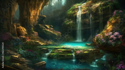 Fantasy waterfall. Generative AI