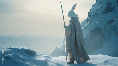 Anthropomorphic white rabbit leader in cloak standing on a snowy cliff. Generative AI
