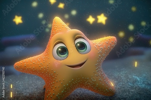 Cartoon orange starfish character on background with stars. Generative AI