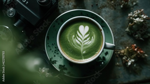View from above of matcha latte. Generative AI