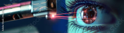 closeup of a human eye with Lasik vision laser correction procedure and beams going into the cornea as wide banner with copy space area - Generative Ai
