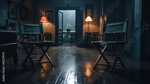 Two directors chairs in a dark room. Generative AI © Soulmate