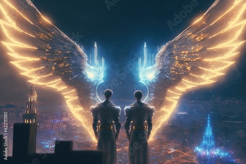 Two male fantasy angels with wings standing with their backs. Generative AI