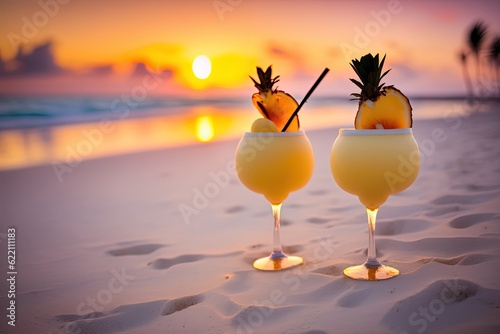 Two pina colada cocktails on the beach. Generative AI photo