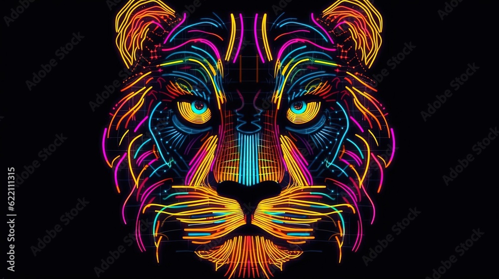 Abstract neon tiger face on black background in style of vector illustration. Generative AI