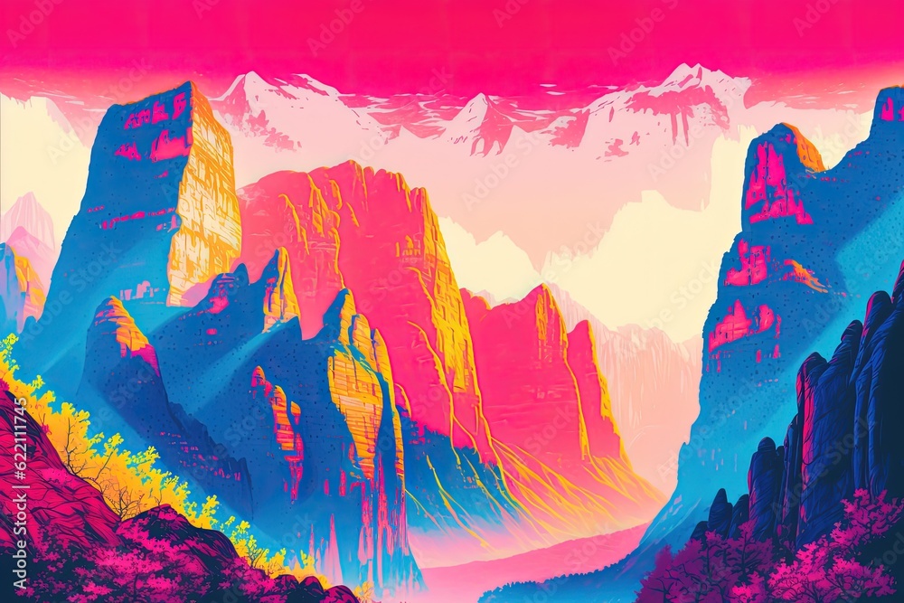 Mountains area with risograph effect. Generative AI