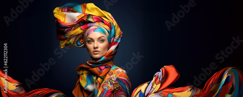 modern colorful stylish outfit photoshoot of a muslim hijab woman in dynamic shot happy and positive for modest trendy arab women fashion as wide banner with copysapce area - Generative AI