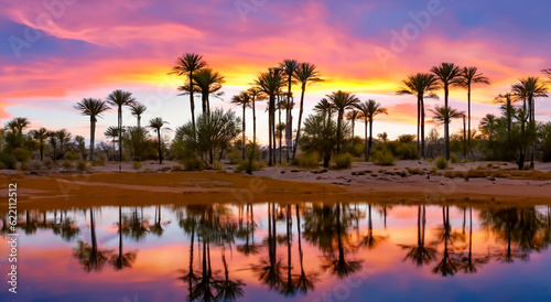 beautiful oasis with a water hole in the middle of the desert with a beautiful sunset in high resolution and sharpness